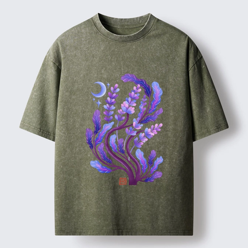 Tokyo-Tiger Peaceful Purple Floral Night Art Washed T-Shirt