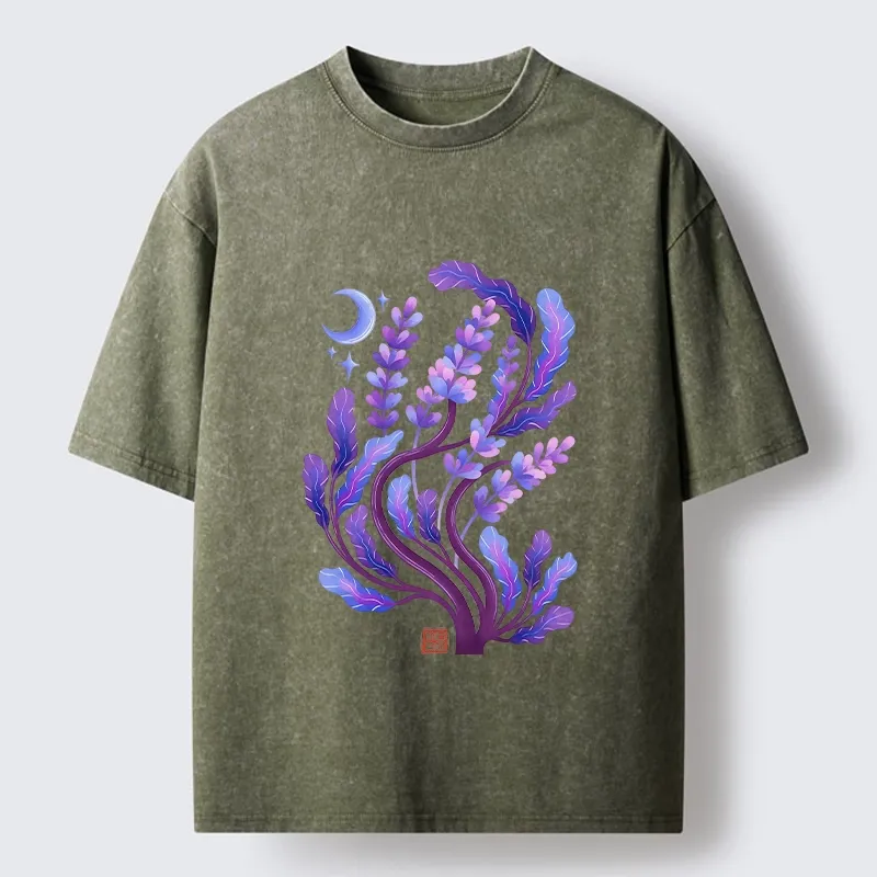 Tokyo-Tiger Peaceful Purple Floral Night Art Washed T-Shirt