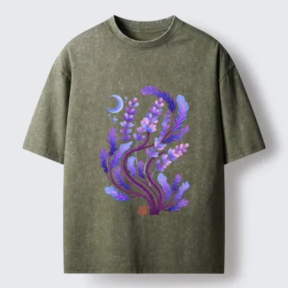 Tokyo-Tiger Peaceful Purple Floral Night Art Washed T-Shirt