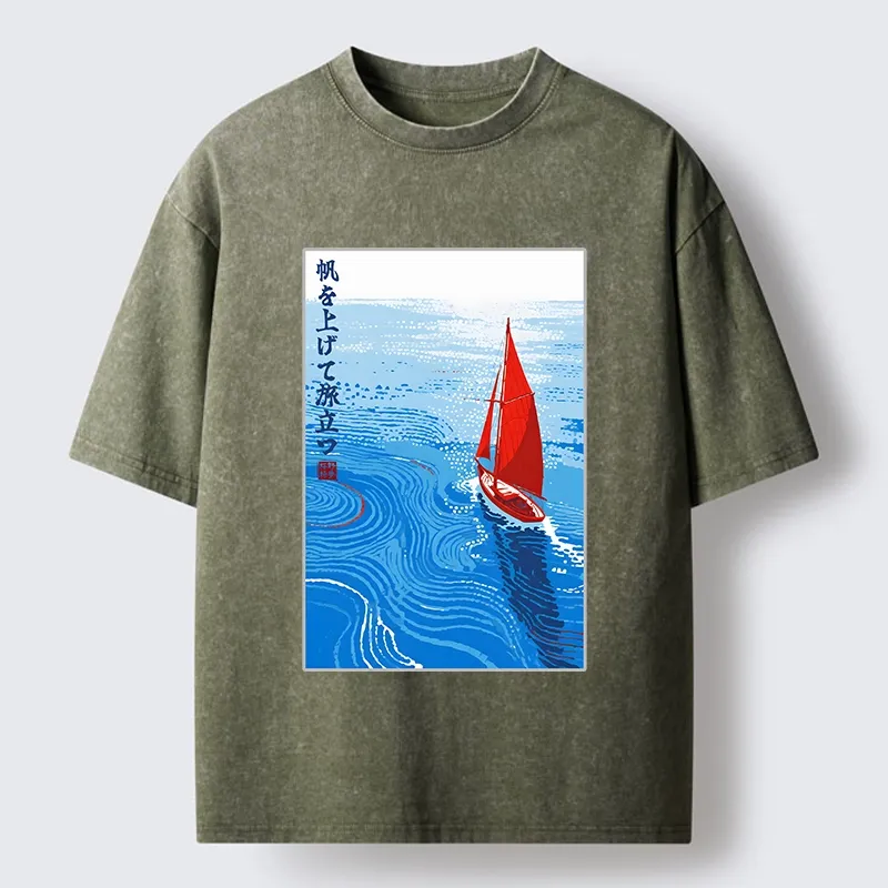 Tokyo-Tiger Bright Blue Sea Sail Journey Art Washed T-Shirt