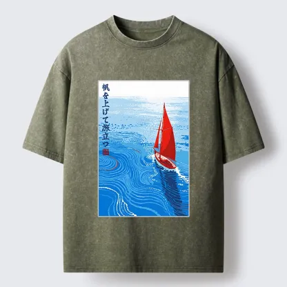Tokyo-Tiger Bright Blue Sea Sail Journey Art Washed T-Shirt