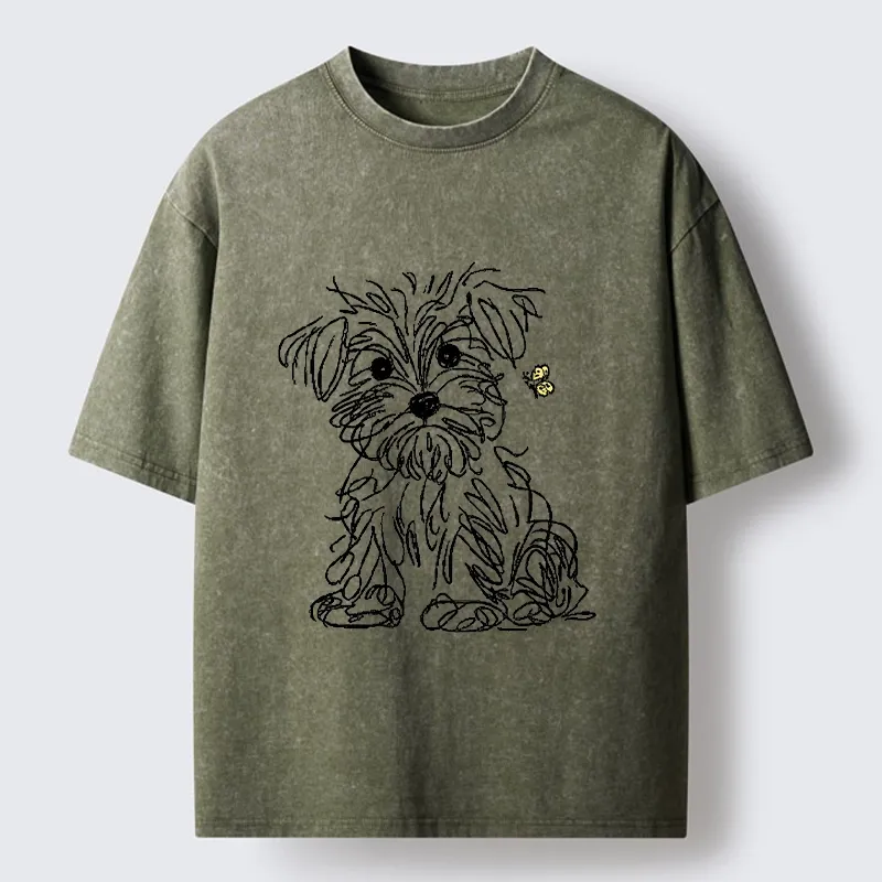 Tokyo-Tiger Simple Line Dog Tiny Butterfly Washed T-Shirt
