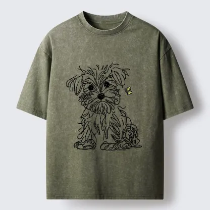 Tokyo-Tiger Simple Line Dog Tiny Butterfly Washed T-Shirt