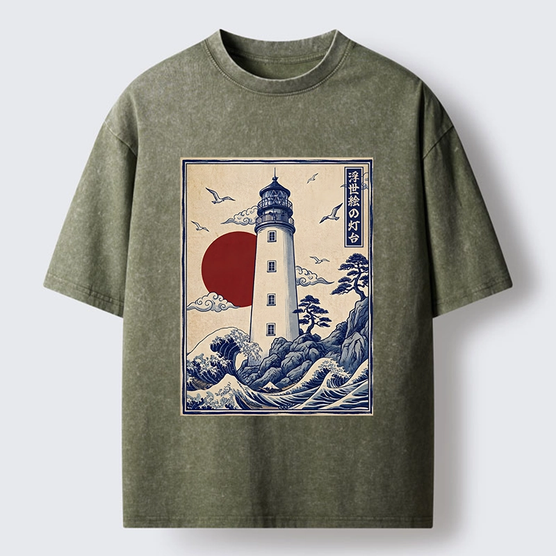 Tokyo-Tiger Classic Wave Lighthouse Sunrise Print Washed T-Shirt