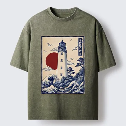 Tokyo-Tiger Classic Wave Lighthouse Sunrise Print Washed T-Shirt
