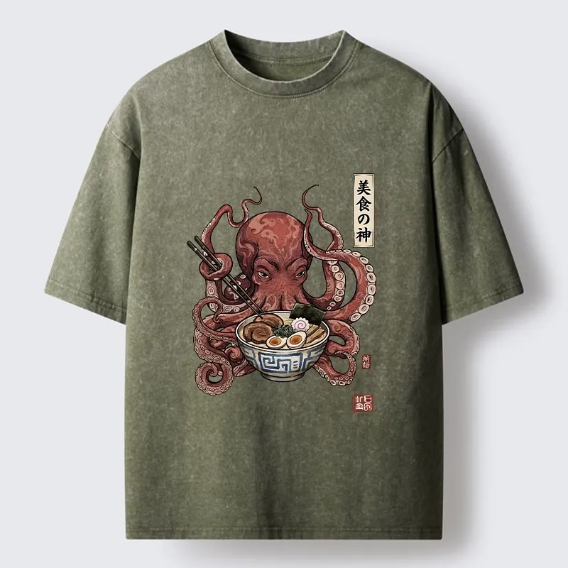 Tokyo-Tiger Octopus Ramen Food Meme Washed T-Shirt