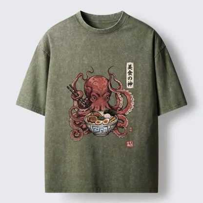 Tokyo-Tiger Octopus Ramen Food Meme Washed T-Shirt
