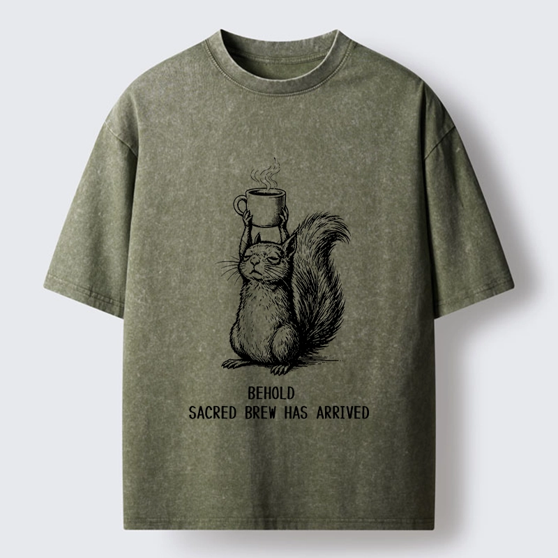 Tokyo-Tiger Squirrel Hold Sacred Coffee Meme Washed T-Shirt