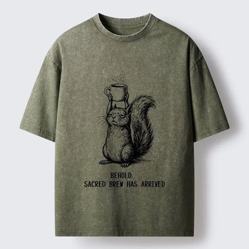 Tokyo-Tiger Squirrel Hold Sacred Coffee Meme Washed T-Shirt