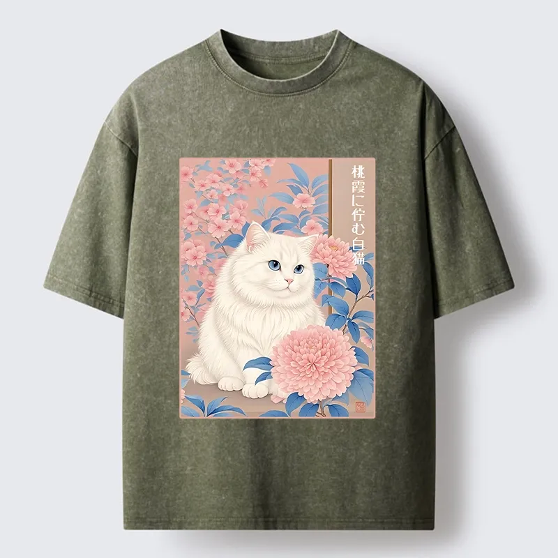 Tokyo-Tiger White Cat Pink Blossom Soft Art Washed T-Shirt Sale