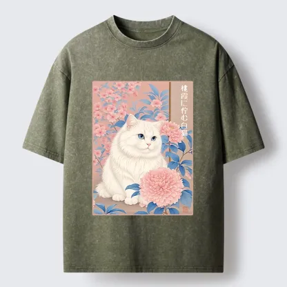 Tokyo-Tiger White Cat Pink Blossom Soft Art Washed T-Shirt