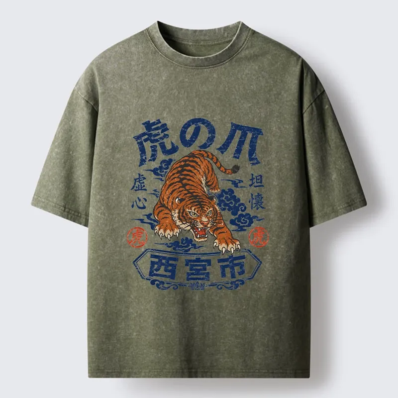 Tokyo-Tiger Brave Tiger Traditional Print Washed T-Shirt