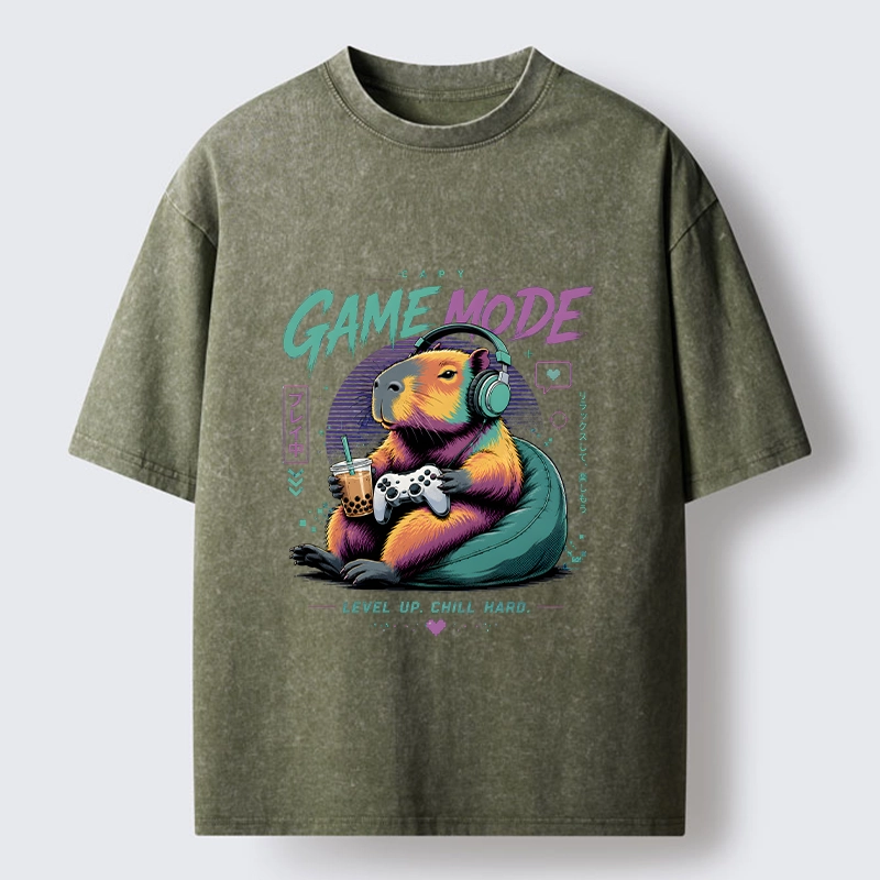 Tokyo-Tiger Cozy Capybara Play Video Games Washed T-Shirt