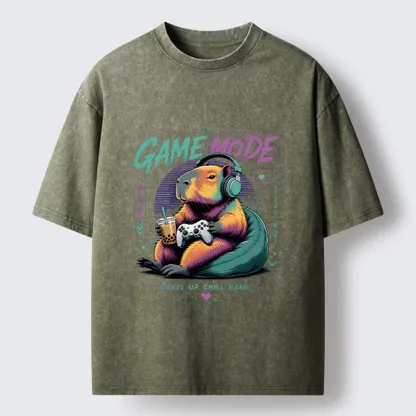 Tokyo-Tiger Cozy Capybara Play Video Games Washed T-Shirt