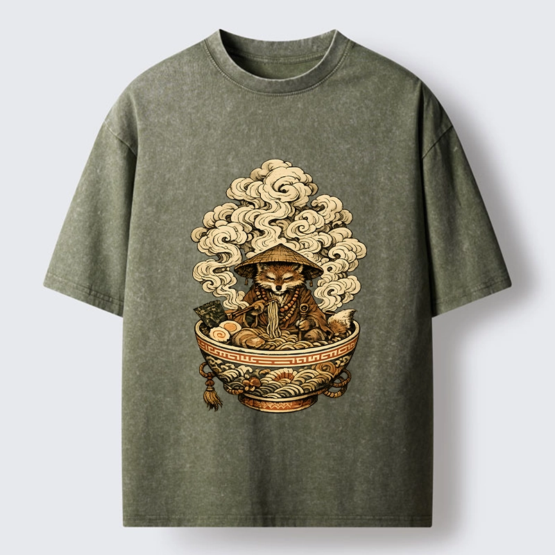 Tokyo-Tiger Zen Fox Eat Warm Ramen Washed T-Shirt