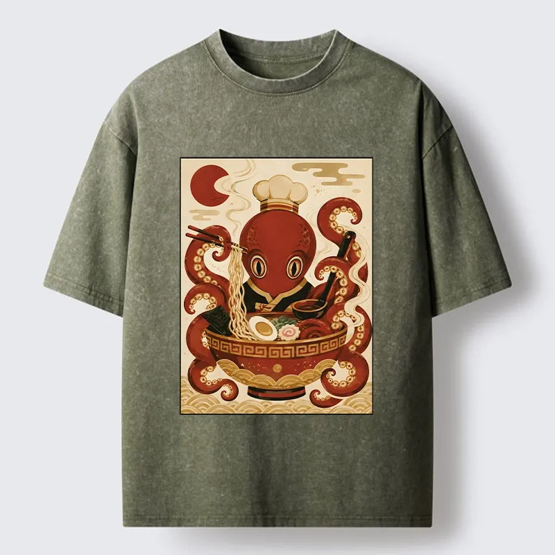 Tokyo-Tiger Red Octopus Master Noodle Maker Washed T-Shirt Sale