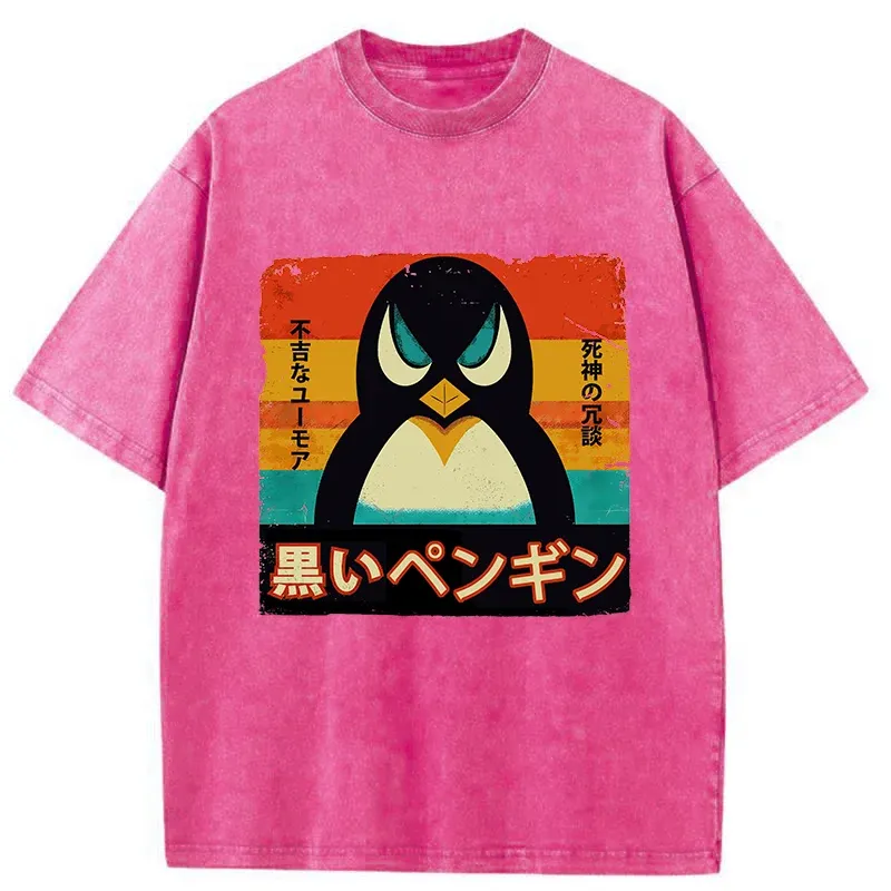 Tokyo-Tiger Black Funny Penguin Washed T-Shirt