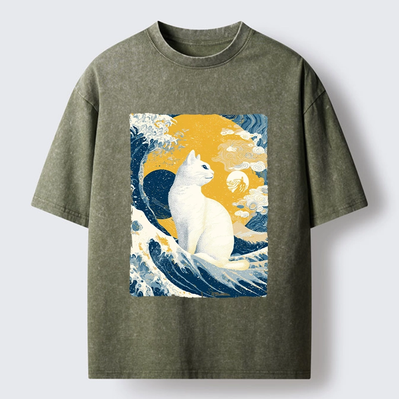 Tokyo-Tiger Ukiyo Cat Giant Ocean Wave Print Washed T-Shirt