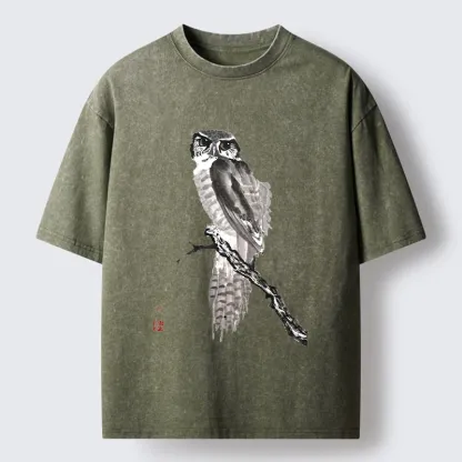 Tokyo-Tiger Minimal Ink Owl Oriental Brush Art Washed T-Shirt