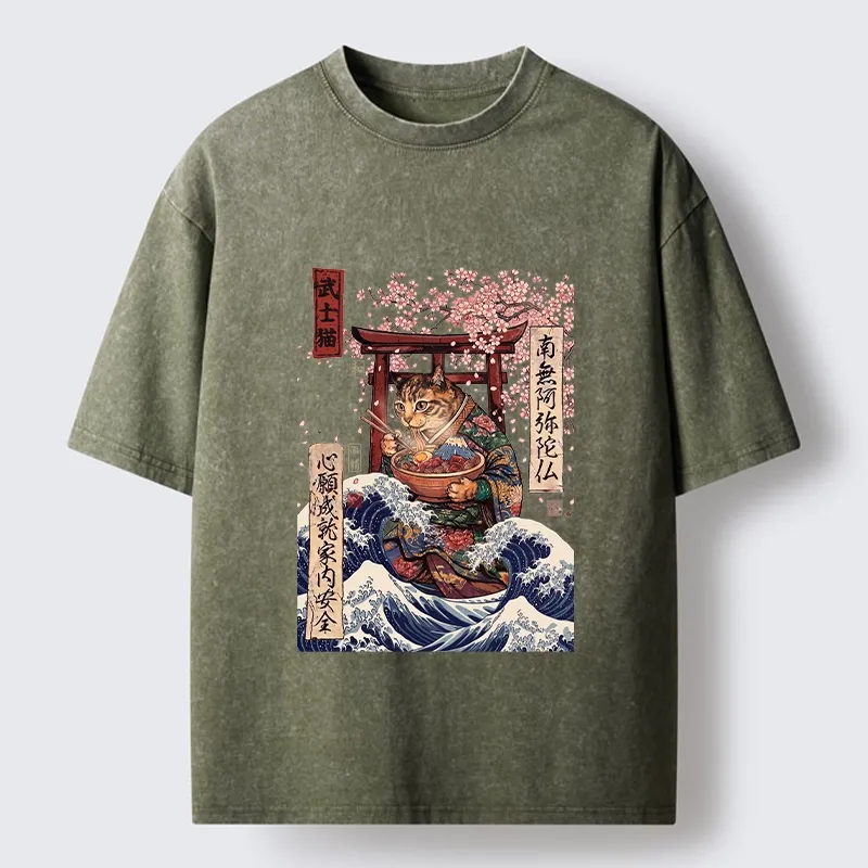 Tokyo-Tiger Samurai Cat Eating Noodles Wave Scene Washed T-Shirt