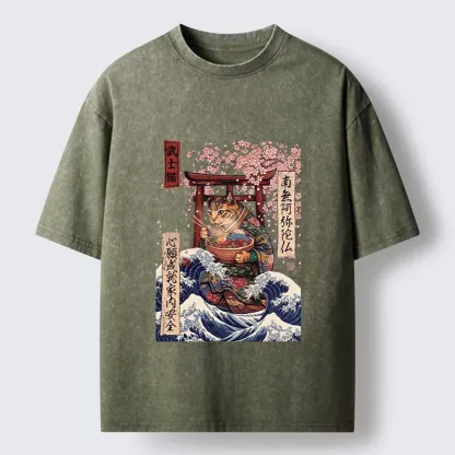 Tokyo-Tiger Samurai Cat Eating Noodles Wave Scene Washed T-Shirt