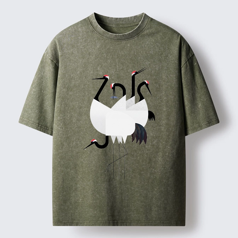 Tokyo-Tiger Minimal Shaped Cranes Simple Graphic Washed T-Shirt