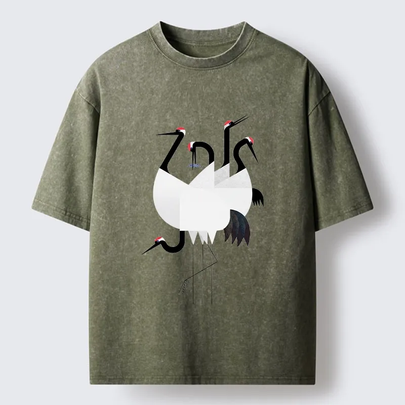 Tokyo-Tiger Minimal Shaped Cranes Simple Graphic Washed T-Shirt Sale