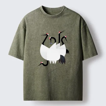 Tokyo-Tiger Minimal Shaped Cranes Simple Graphic Washed T-Shirt