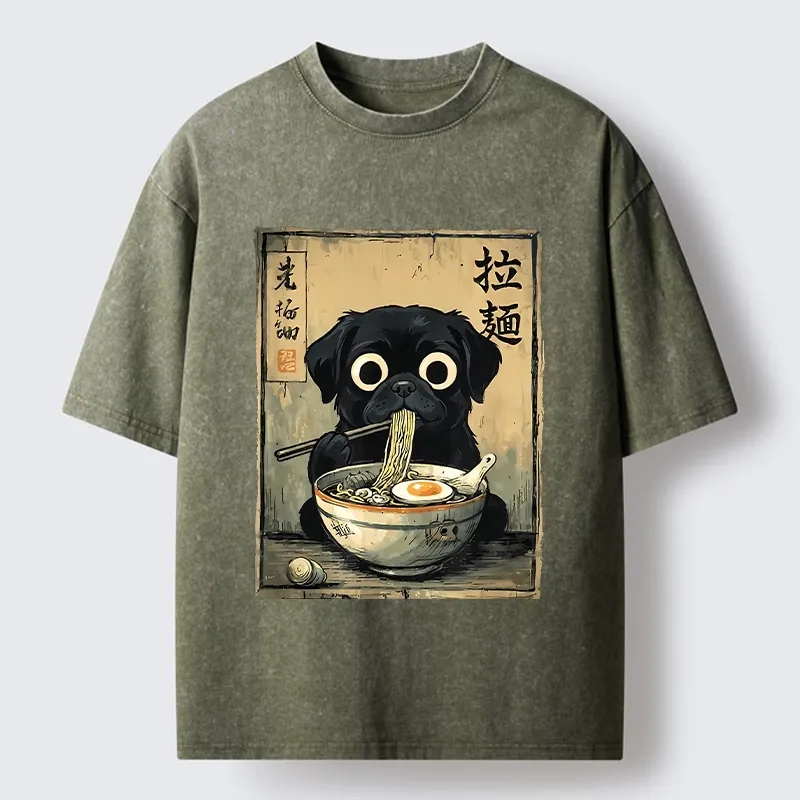 Tokyo-Tiger Cute Black Dog Eating Hot Ramen Washed T-Shirt