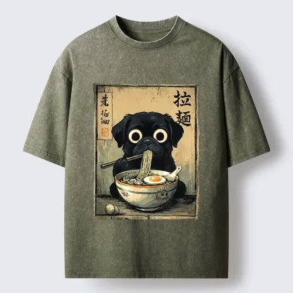 Tokyo-Tiger Cute Black Dog Eating Hot Ramen Washed T-Shirt
