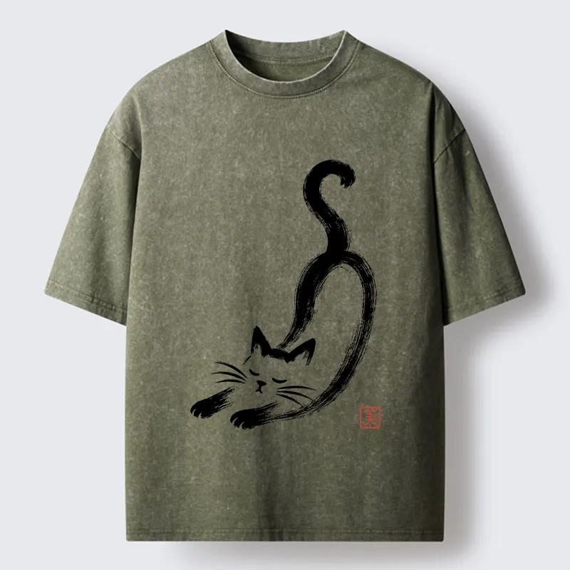 Tokyo-Tiger Soft Ink Stretch Cat Oriental Brush Art Washed T-Shirt