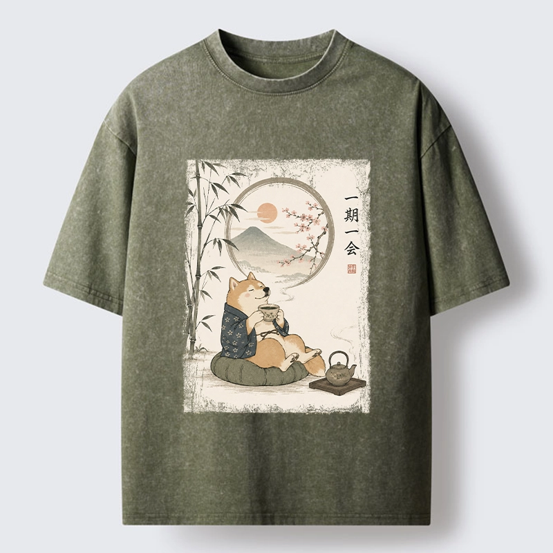 Tokyo-Tiger Funny Meme Cozy Tea Time Shiba Inu Washed T-Shirt
