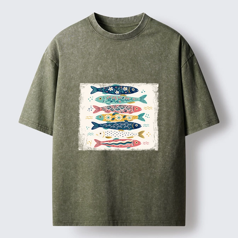 Tokyo-Tiger Simple Folk Art Floral Fish Group Design Washed T-Shirt