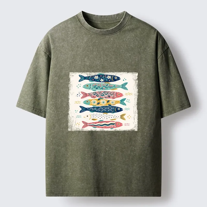 Tokyo-Tiger Simple Folk Art Floral Fish Group Design Washed T-Shirt Sale