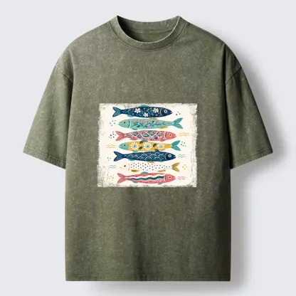 Tokyo-Tiger Simple Folk Art Floral Fish Group Design Washed T-Shirt