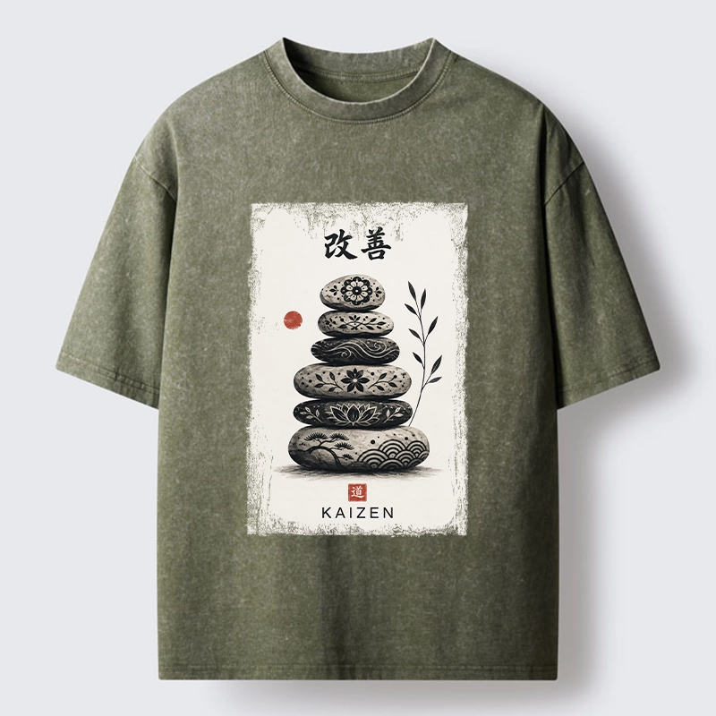 Tokyo-Tiger Japanese Balance Stone Floral Print Washed T-Shirt