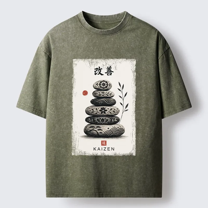 Tokyo-Tiger Japanese Balance Stone Floral Print Washed T-Shirt