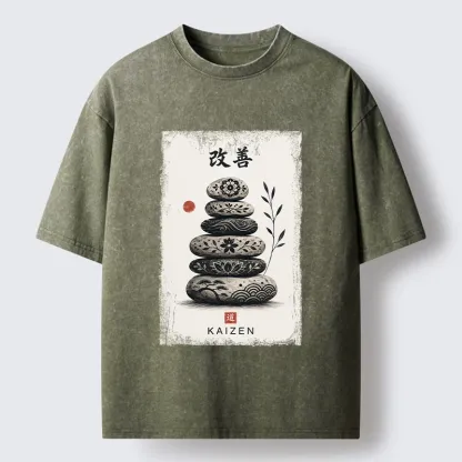 Tokyo-Tiger Japanese Balance Stone Floral Print Washed T-Shirt