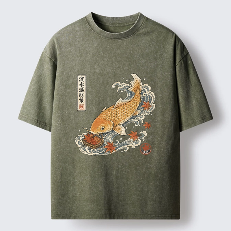 Tokyo-Tiger Golden Koi Carp Maple Leaf Wave Art Washed T-Shirt