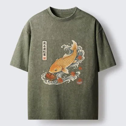 Tokyo-Tiger Golden Koi Carp Maple Leaf Wave Art Washed T-Shirt
