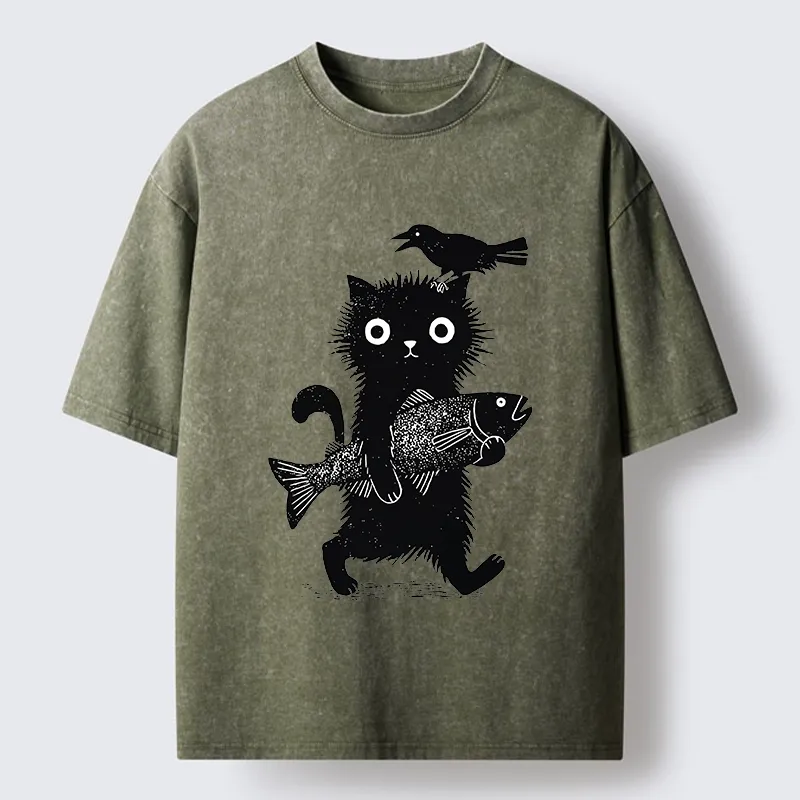 Tokyo-Tiger Wild Fluffy Cat Fish Crow Vintage Print Washed T-Shirt