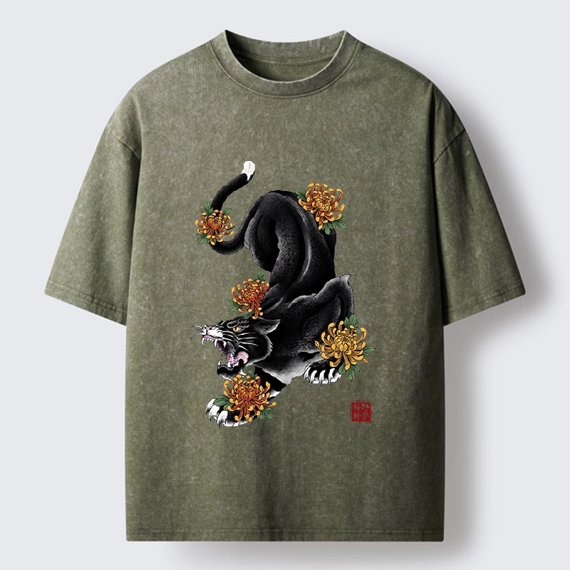 Tokyo-Tiger Wild Black Cat Panther Autumn Flower Graphic Washed T-Shirt