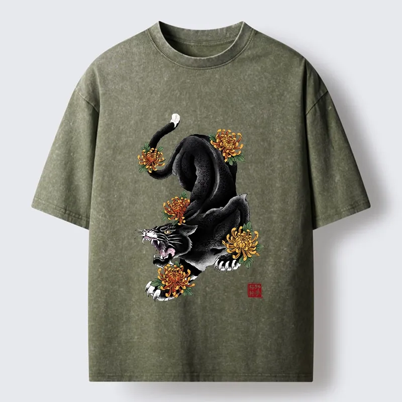 Tokyo-Tiger Wild Black Cat Panther Autumn Flower Graphic Washed T-Shirt