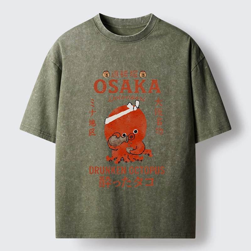Tokyo-Tiger Vintage Osaka Octopus Sake Drinking Print Washed T-Shirt