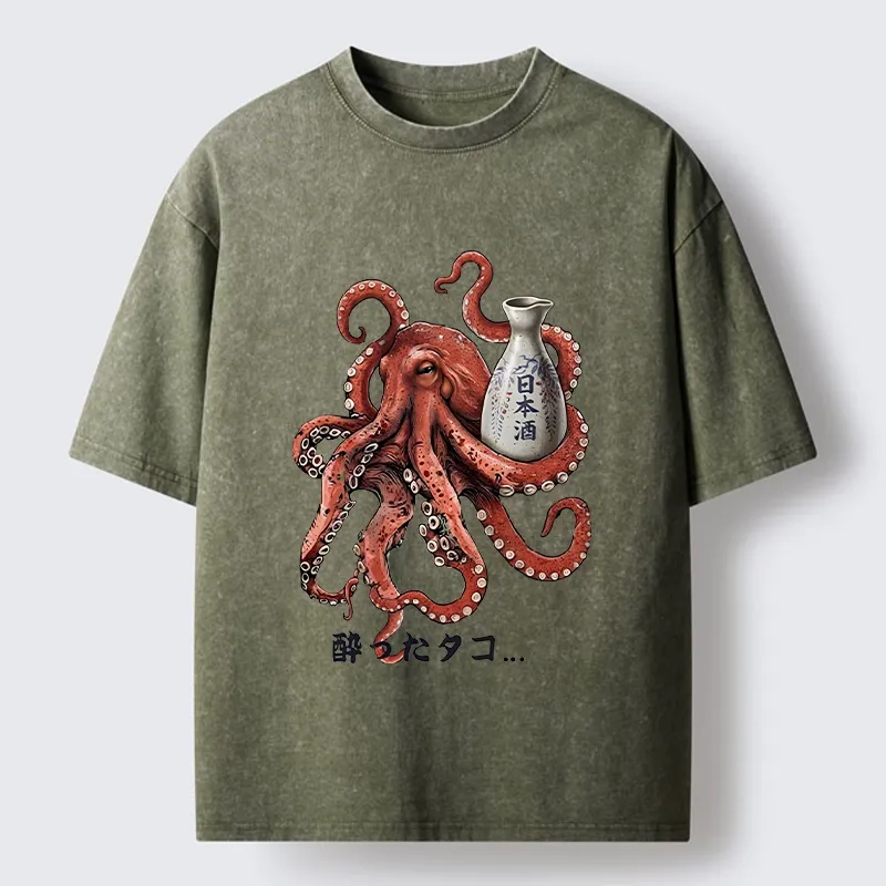 Tokyo-Tiger Japanese Drunken Octopus Sake Pot Art Washed T-Shirt