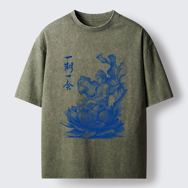 Tokyo-Tiger Calm Buddha On Big Lotus Zen Graphic Washed T-Shirt