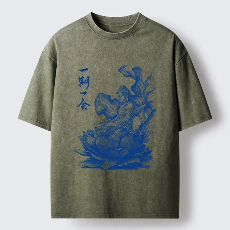 Tokyo-Tiger Calm Buddha On Big Lotus Zen Graphic Washed T-Shirt