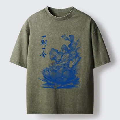 Tokyo-Tiger Calm Buddha On Big Lotus Zen Graphic Washed T-Shirt