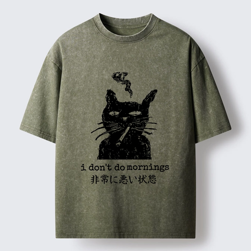 Tokyo-Tiger Sassy Smoke Cat Morning Hater Meme Art Washed T-Shirt
