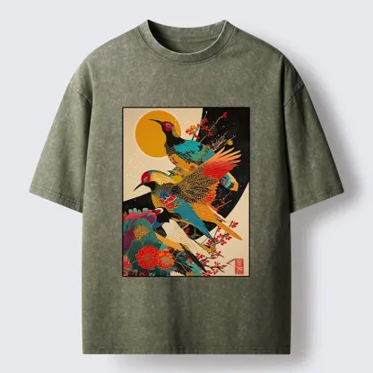 Tokyo-Tiger Sunrise Pheasants Blossom Oriental Art Design Washed T-Shirt